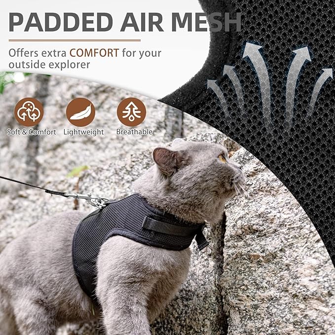 PUPTECK Soft Mesh Cat Vest Harness and Leash Set Puppy Padded Pet Harnesses Escape Proof for Cats Small Dogs Rabbits Bunny, Black Medium