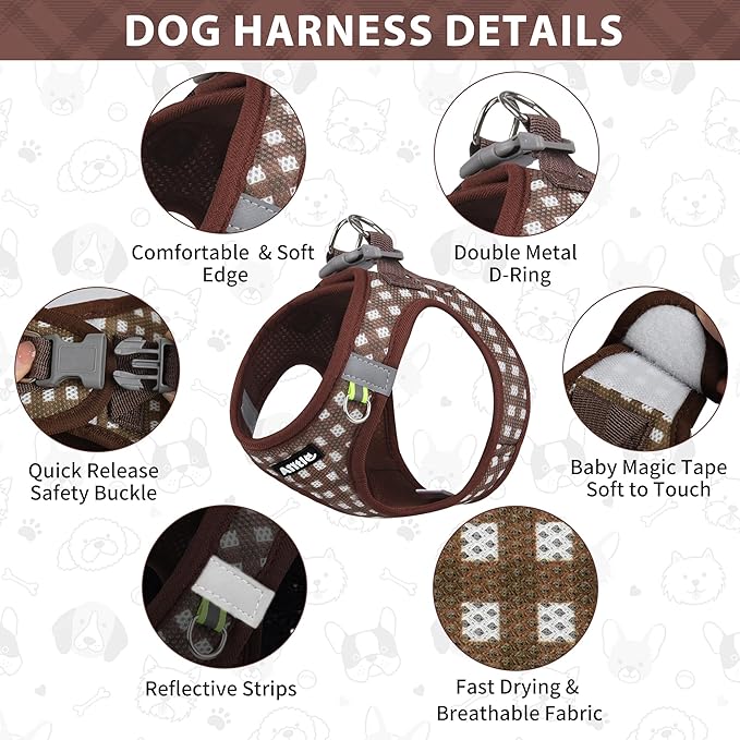 AIITLE No Pull Dog Harness and Leash Set, Step in No Chock Soft Mesh Dog Harnesses Reflective for Extra-Small Puppy Dogs and Cats, Plaid Dog Vest Harness for Pets Chocolate XXS