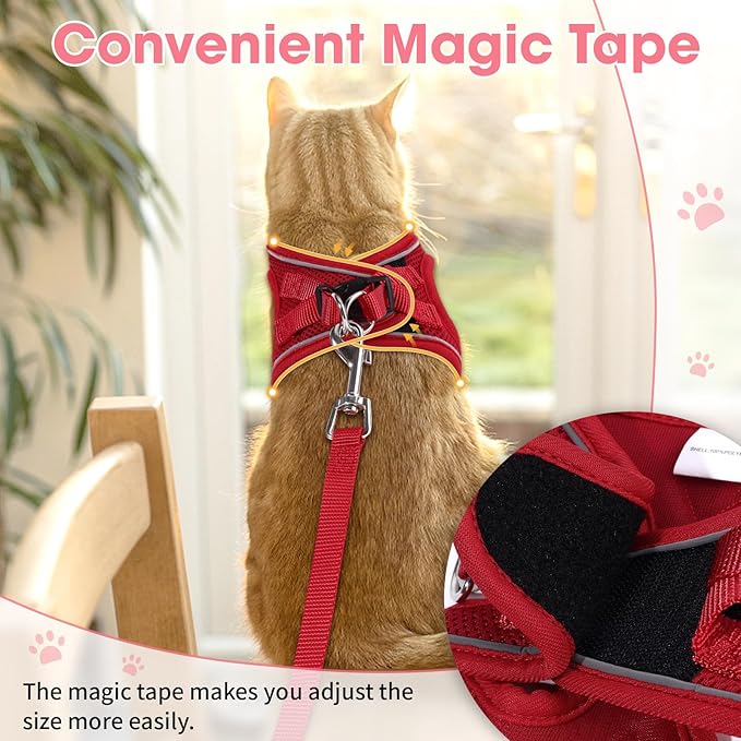 Cat Harness and Leash Set for Walking Escape Proof, Soft Adjustable Kitten Harness Breathable Mesh with Reflective Strips Harness for Kitty Puppy Bunny(Red,XS)