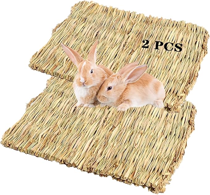 PINVNBY Natural Grass Mat for Rabbits,2 Pack Rabbit Hay Mats,100% Handwoven Hay Chewable Bedding & Cooling Mat for Bunny Guinea Pigs Hamsters Chinchillas - Eco-Friendly Cage Liner,Nesting Toy