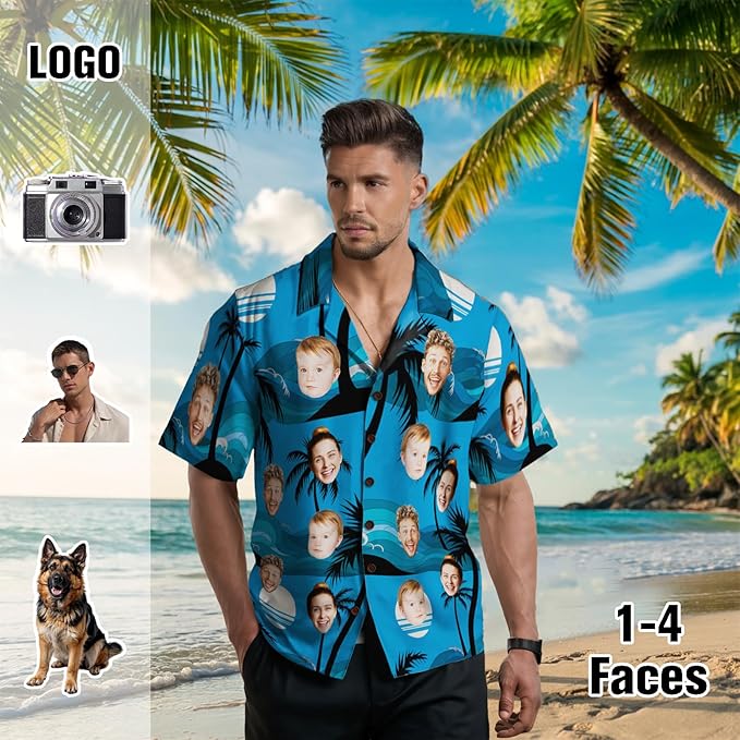 Custom Hawaiian Shirt with Face for Men, Unisex Tropical Beach Shirts Personalized Casual Funny Hawaii Button Down Shirts