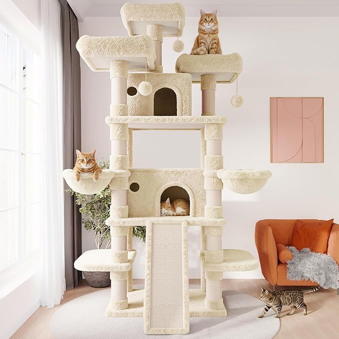 SHA CERLIN 81 Inches Extra Large Cat Tree for Indoor Adult Cats/XXL Big Cat Tower with Condo/Cozy Perches/Sisal Scratching Posts and Hammocks/Activity Center/F80/Heavy Duty/Beige