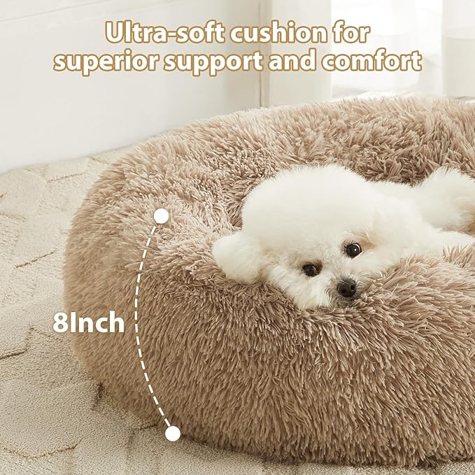 WNPETHOME Calming Dog Bed Cat Bed Donut, Faux Fur Pet Bed Self-Warming Donut Cuddler, Comfortable Round Plush Dog Beds (30 x 30 x 10 Inch, Brown)