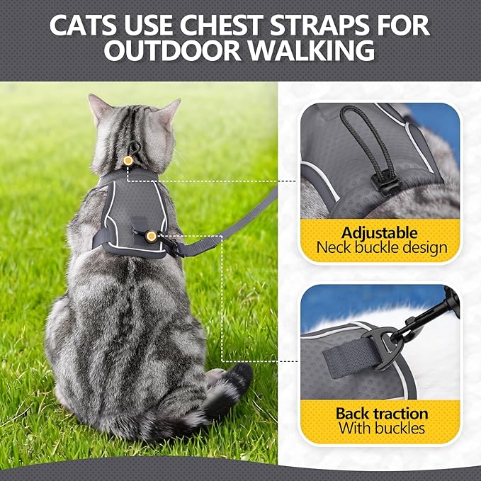 Cat Harness and Leash Set - Escape Proof, Adjustable Breathable Vest Harnesses with Reflective Strips, Easy Control & Secure Walking for Small Medium Large Cats Kitten Collar (Grey, Medium)