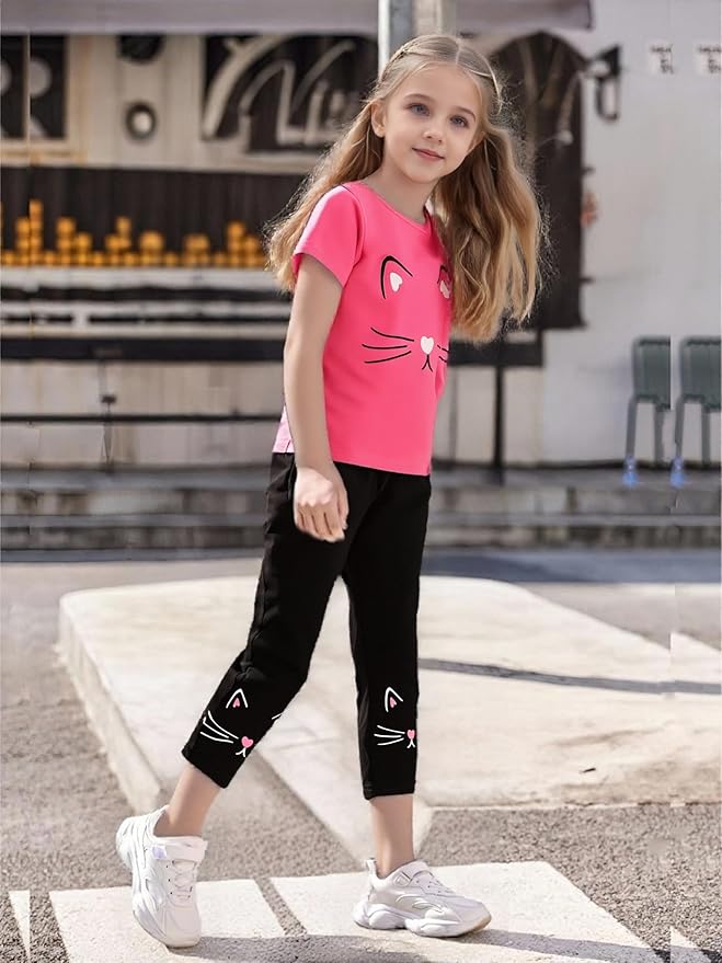 4-8T Toddler Girl Clothes Cat face print Short Sleeve Top+Pants Outfits Girl Spring and summer 2-Piece Set