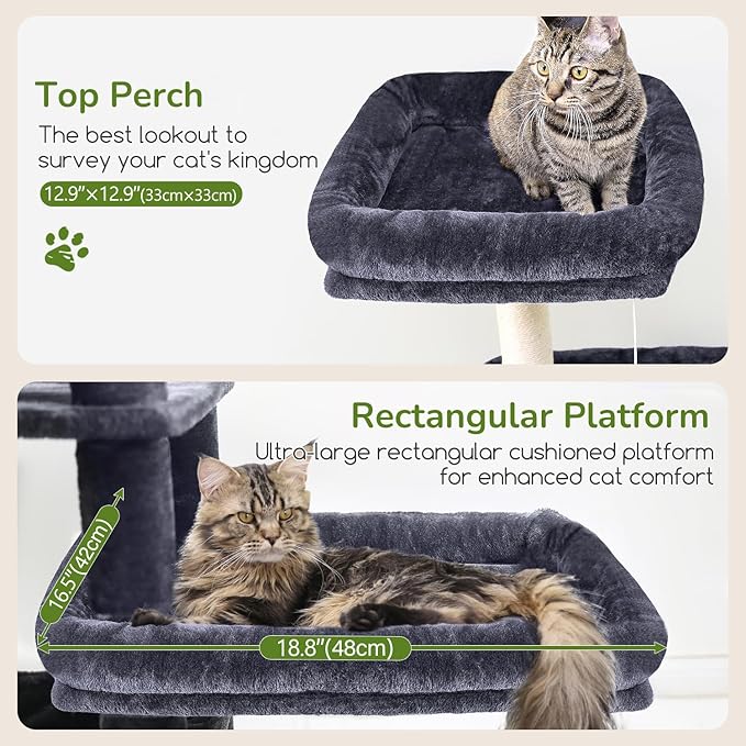 Globlazer Extra Large Platform Cat Tree, 65in Sturdy Cat Scratching Tree for Indoor Cats Large Adult, Big Cat Perch Tower with 3 Padded Perches, 6 Scratching Posts, Cat Condo, Hammock, S65, Dark Grey