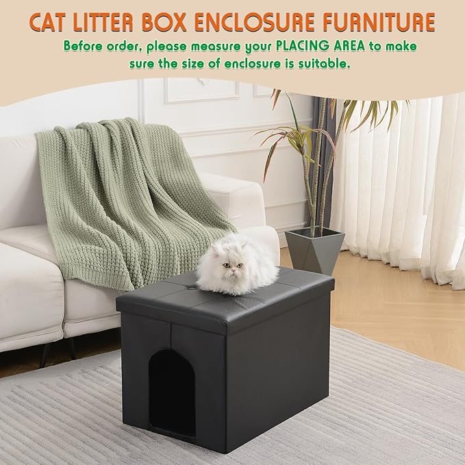 MEEXPAWS Cat Litter Box Enclosure Furniture Hidden, Cat Washroom Bench Storage Cabinet |Large 25.6'' x 17.7'' x 17.7''| Dog Proof | Waterproof Inside/Easy Clean | Easy Assembly | Odor Control(Black)