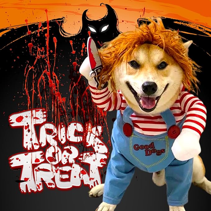 Pet Deadly Doll Dog Costume, Novelty Halloween Christmas Costumes Funny Dog Cosplay Outfits Cute Clothes for Small Medium Large Dogs Cats Party Dress Up Cool Puppy Costumes Scary Spooky Apparel Blue