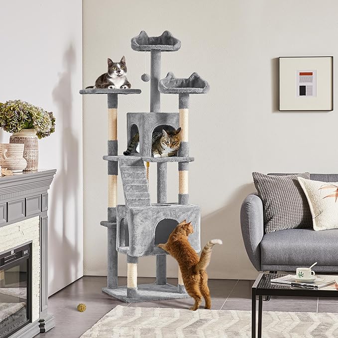Yaheetech XL Cat Tree, 72in Multi-Level Cat Tower with 2 Cozy Caves, 3 Soft Perches, Scratching Posts, Board, and Dangling Ball, Pet Furniture Play House for Kittens/Cats, Light Gray