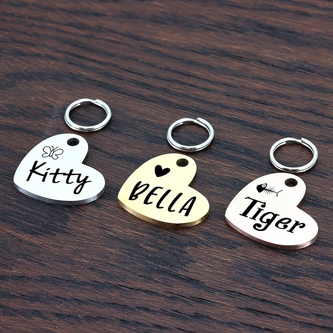Ultra Joys Cat ID Tag Personalized Pet Tags, Durable Stainless Steel Small Pet Mini Dog Cat Tag Lightweight -Heart Tag in Gold