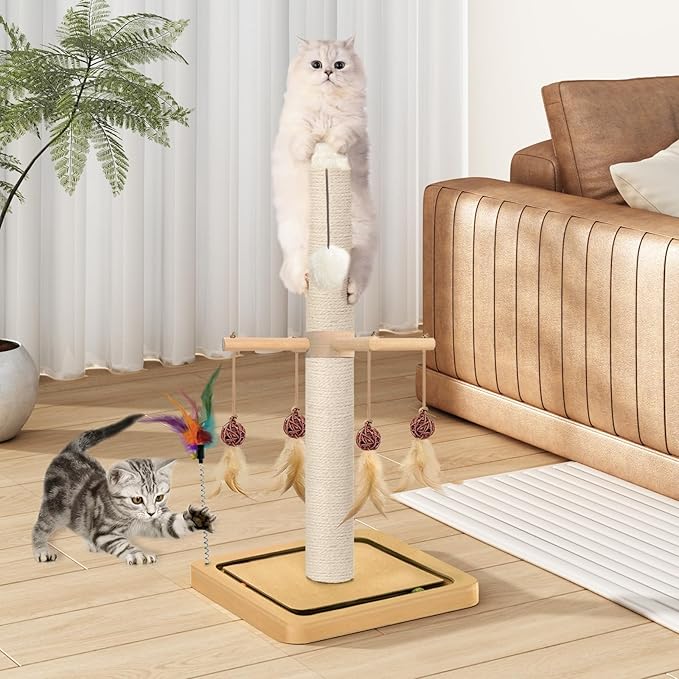Cat Scratching Post, Sisal, Scratcher Tree Tower for Indoor Cats Adults with Hanging and Ball Track, 2 Mounting Methods Interactive Furniture Toys for Kitten, 25 Inches