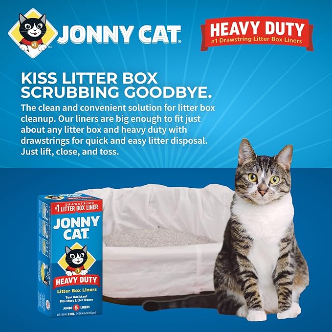 Jonny Cat Litter Box Liners: Heavy Duty - Tear & Leak Resistant - Drawstring Close - Jumbo, 5 Count