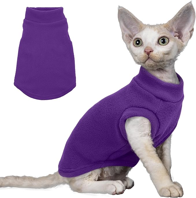 PUMYPOREITY Cat Sweater, Warm Kitten Clothes, Fleece Winter Coat for Hairless Cats, Soft Dog Fleece Vest, Cold Weather Pet Sweater for Dogs and Cats, Purple, S