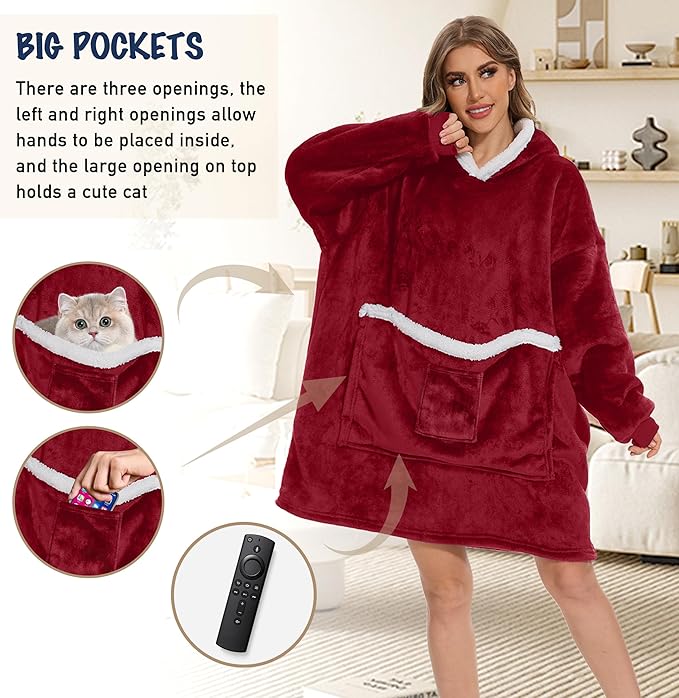 Wearable Blanket Hoodie with Giant Pocket, Soft Warm Sherpa Fleece Oversized Blanket Sweatshirt Gifts for Women Men