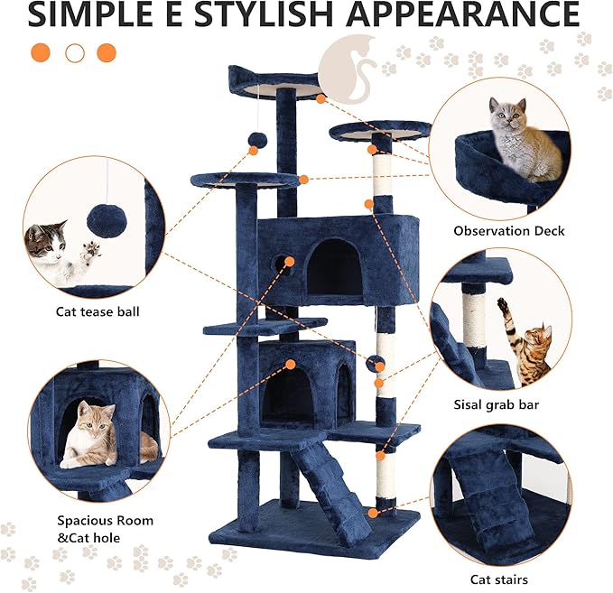 BestPet | 54" Cat Tree Tower | Navy Blue | Sturdy, Easy to Assemble, Multi-Level Activity Center with Sisal Scratching Posts, Condos, Perches, Hanging Cat Toys, Observation Decks & Ladder