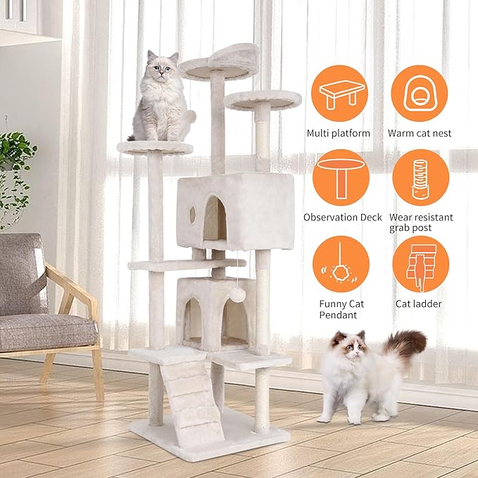 BestPet | 70" Cat Tree Tower | Beige | Sturdy, Easy to Assemble, Multi-Level Activity Center with Sisal Scratching Posts, Condos, Perches, Hanging Cat Toys, Observation Decks & Ladder