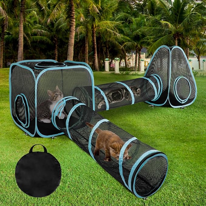 9.45FT Outdoor Cat Enclosures Portable Cat Playhouse, Pop Up Cats Tent with 33.86x 11.81IN Double Kitty Tunnels DIY in Multiple Ways, Cats Playpen Play Tents for Rabbits and Small Animals