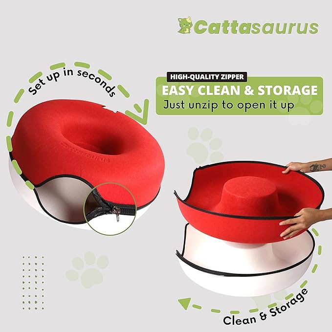 Cattasaurus Peekaboo Cat Cave Donut for Multiple & Large Cats up to 30-45 lbs, 3-in-1 Self Warming Cat Bed, Tunnel & Scratcher for Indoor Cats, Washable & Detachable Dog Bed (Ruby Snowball, Large)