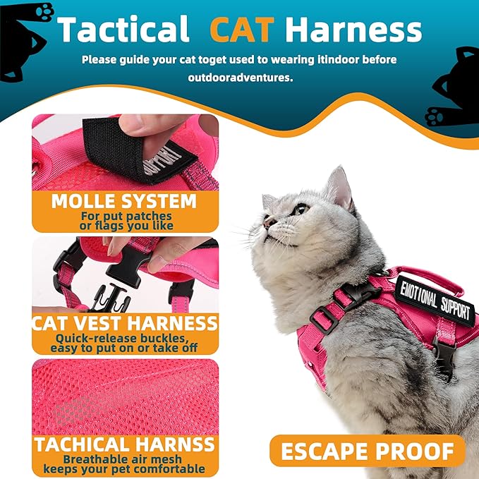 Tactical Cat Harness and Leash Pink for Walking Esacpe Proof, Adjustable Soft Mesh Large Cat Vest with Handle Easy to Control,Molle Patches L