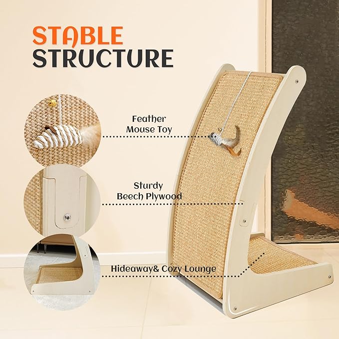 PETKARAY Cat Scratcher, Sisal Cat Scratch Pad, Curved Scratching Board for Indoor Kitty, Floor Mounted Scratcher with Mouse Toy Catnip