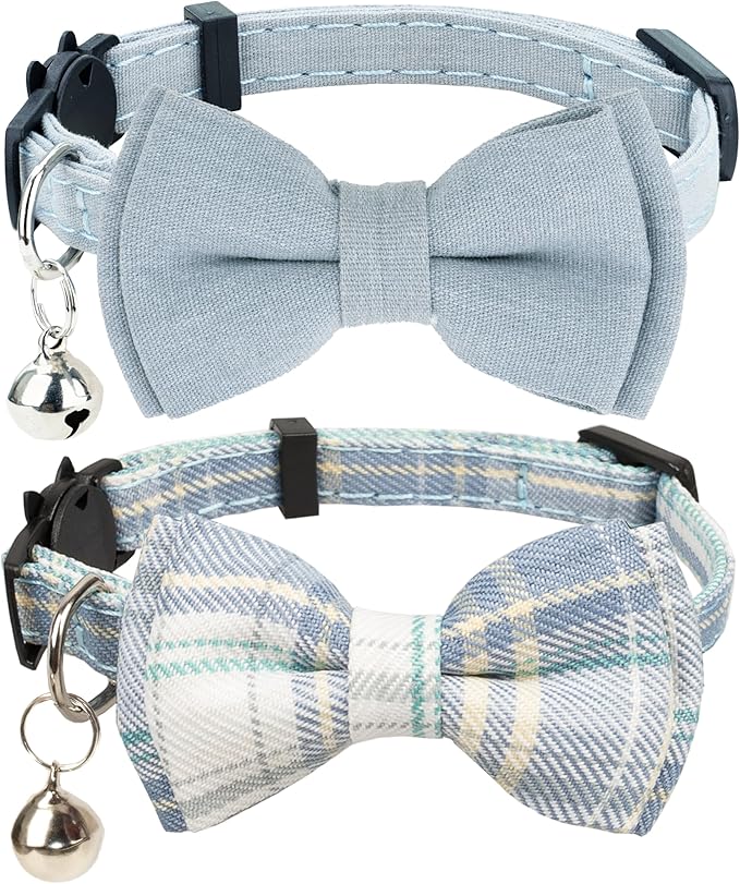 Cat Collar Breakaway Bowtie Safety with Bell Adjustbale Kitten Puppy Solid Plaid Color Set D-[2pcs] Blue