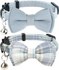 Cat Collar Breakaway Bowtie Safety with Bell Adjustbale Kitten Puppy Solid Plaid Color Set D-[2pcs] Blue