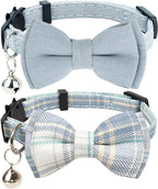 Cat Collar Breakaway Bowtie Safety with Bell Adjustbale Kitten Puppy Solid Plaid Color Set D-[2pcs] Blue