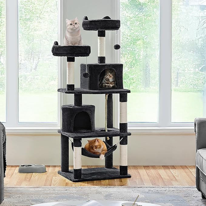 Yaheetech 62.5inches Cat Tree Cat Tower Cat Condo with Platform & Hammock, Scratching Posts for Kittens Pet Play House with Plush Perch for Indoor Activity Relaxing, Black