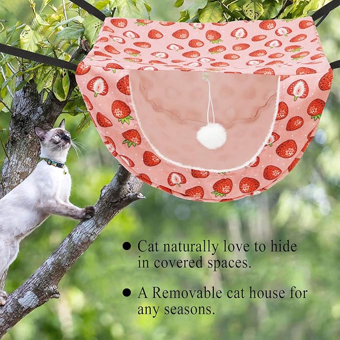JSPYFITS Cat Cage Hammock with Ball,Double Layer Hanging Adjustable Soft Pet Bed Suit for Kitten Ferret Puppy Rabbit or Small Pet, 2 Level Indoor Bed for All Season(Pink Strawberries)