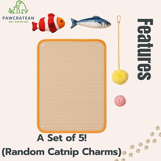 28 Inch Cat Wall Scratcher Pad with Toys – Hanging Sisal Scratch Board Kit for Indoor Cats, Includes Catnip Fish & Teaser Ball (Light Brown)