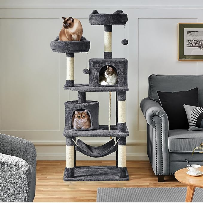 Yaheetech 62.5inches Cat Tree Cat Tower Cat Condo with Platform & Hammock, Scratching Posts for Kittens Pet Play House with Plush Perch for Indoor Activity Relaxing, Dark Gray
