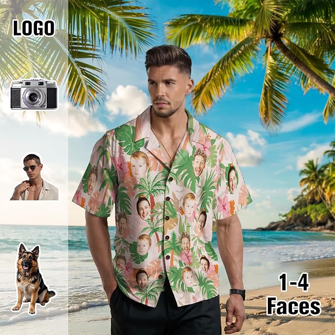 Custom Hawaiian Shirt with Face for Men, Unisex Tropical Beach Shirts Personalized Casual Funny Hawaii Button Down Shirts