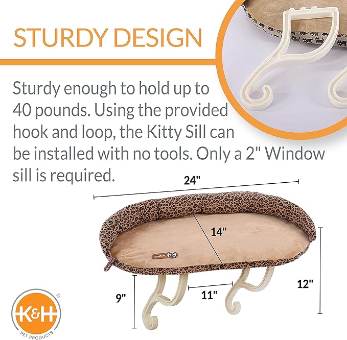 K&H Pet Products Bolster Kitty Sill Cat Window Perch Bed for Large Cats, Orthopedic Window Hammock Holds 40 lbs, Washable Cover, Indoor Windowsill Furniture Bed Seat - Tan/Leopard Unheated 14 X 24in