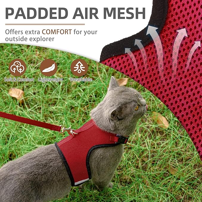 PUPTECK Soft Mesh Cat Vest Harness and Leash Set Puppy Padded Pet Harnesses Escape Proof for Cats Small Dogs, Red Medium
