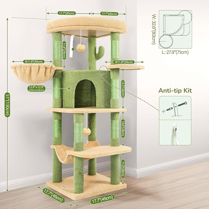 Globlazer Cactus Corner Cat Tree Tower with Scratching Post for Indoor Cats, 51in Multi-Level Cat Condo Tower with Large Hammock, Fan-Shaped Padded Perch, Spacious Cat Cave, Hanging Basket, C51, Green