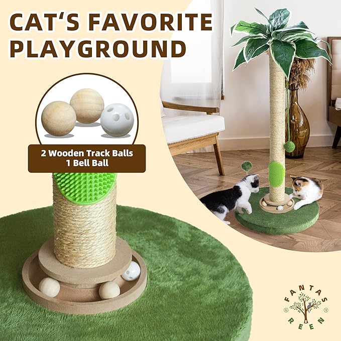 Fantasreen Cat Scratching Post 33'' Cat Scratcher Tall Scratching Posts for Indoor Cats with Cat Toy and Interactive Ball Self Groomer for Kittens Adults Cats
