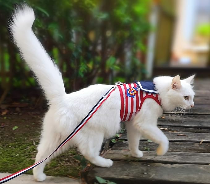 Cat Harness and Leash for Walking Escape Proof, Adjustable Cat Vest Harness, Padded Stylish Cat Walking Jackets, Sailor Suit Red, Extra Large