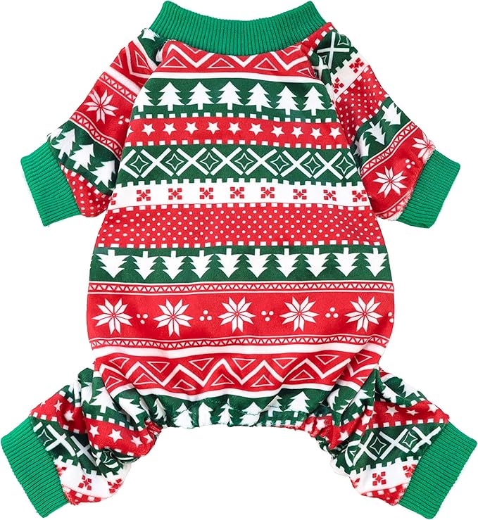 Fitwarm Dog Christmas Outfit, Holiday Pet Clothes for Small Dogs Boy Girl, Festive Pajamas with Feet, Puppy Onesie, Red, Green, Small