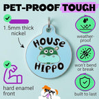 Bad Tags Personalized Dog and Cat ID Tags in 25+ Designs and 2 Sizes - 5 Lines of Custom Engraved Text - Funny Cute Personalized Pet Tags (House Hippo - Blue, Large (1.25 inch))