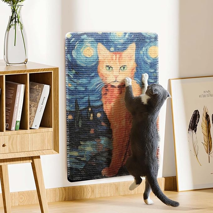 3-in-1 Sisal Cat Scratch Mat 23.6x15.7'' Floor & Wall Cat Scratcher Pad, Protects Carpet Couch & Furniture with Sticker Tape, Anti-Slip, Durable for Indoor Outdoor Cats (Ginger Cat Under The Stars)