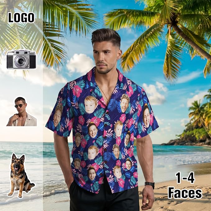 Custom Hawaiian Shirt with Face for Men, Unisex Tropical Beach Shirts Personalized Casual Funny Hawaii Button Down Shirts