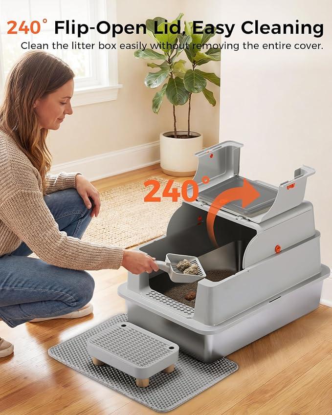 GTPLAYER XXXL Stainless Steel Cat Litter Box with Lid, Dual-Entry Enclosed Litterbox (Front Entry & Top Exit), High-Sided, Non-Stick, Odor Control, for Big Cats, with Mat, Scoop & Step, Grey