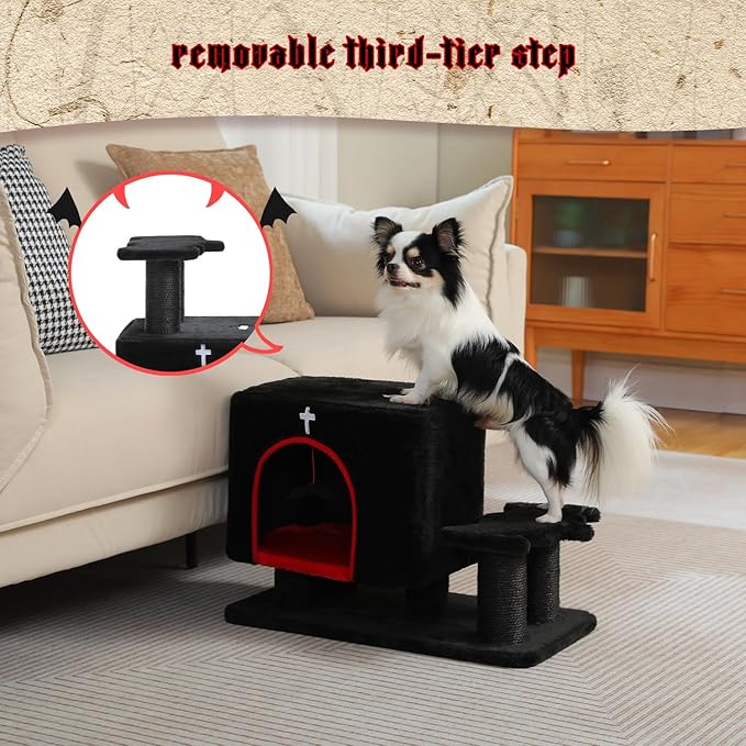 Gothic 3-in-1 Dog Stairs & Cat Scratching Post with Condo - Pet Steps for High Beds, Sofa & Couch, 3-Tier Cat Tower with Sisal Scratching Pad for Small Dogs, Cats & Kittens, Black