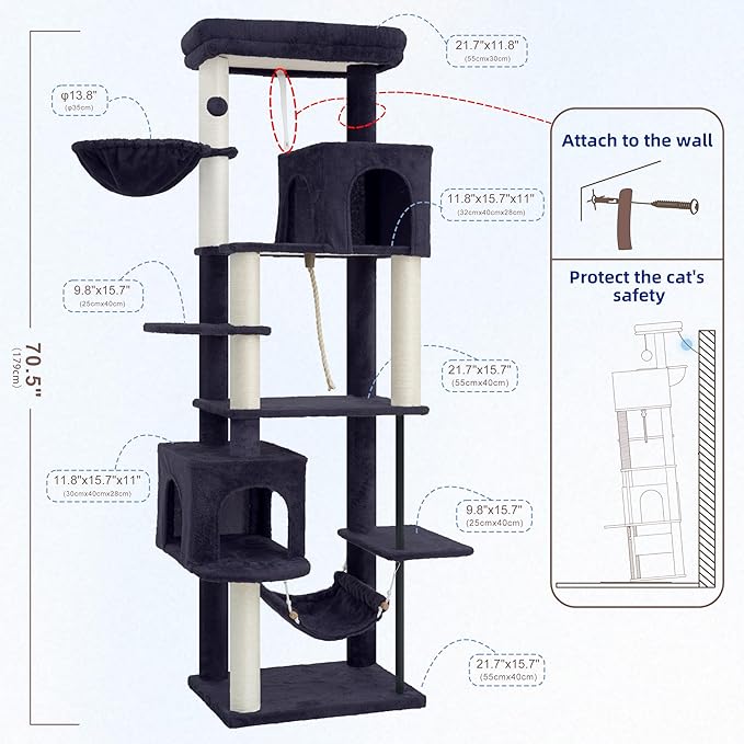 Cat Tree for Indoor Cats Large Adult, 70.5'' Cat Tower with Scratching Post, Sturdy Steel Pube Cat Tree Tower with Large Playing Platfrom, Hammock and Basket, Top Perch, Drak Gray GCT024G
