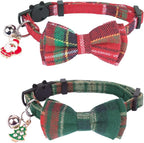 ADOGGYGO Christmas Cat Collars Breakaway with Removable Bow Tie Bell, 2 Pack Red Green Plaid Christmas Bow Collar for Cats Kittens