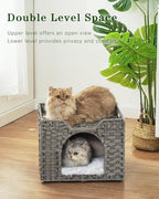 Cat Beds Indoor Kitten House, Handwoven Rattan Cat Cave Pet Cube, Large Cat Houses, One Bed Mat, Foldable, Hideaway, 16.5x16.5x13.2 Inches, 2 S-Shaped Hooks in Living Room Bedroom Gray