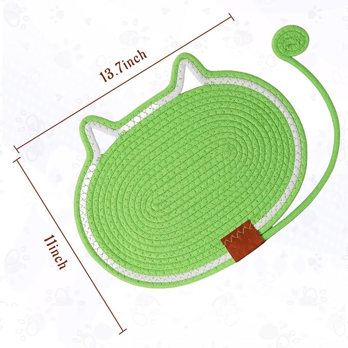 2 PC Cat Scratcher Mat - Natural Cotton Rope Oval Horizontal Scratch Pad (11''x13.7'') with Dangling Ball Toy, Cat Ear Design, Furniture Protector for Floor/Wall, Durable Handmade (Green, 2 PC)