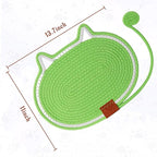 2 PC Cat Scratcher Mat - Natural Cotton Rope Oval Horizontal Scratch Pad (11''x13.7'') with Dangling Ball Toy, Cat Ear Design, Furniture Protector for Floor/Wall, Durable Handmade (Green, 2 PC)