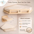 Cat Wall Shelves for Cats & Kitten – Solid Wood Cozy Corner Bed + Cushion with 2 Washable Covers +3 Wooden Steps, Safe Haven for Indoor Cats, Cat Shelves for Wall, Wood Color