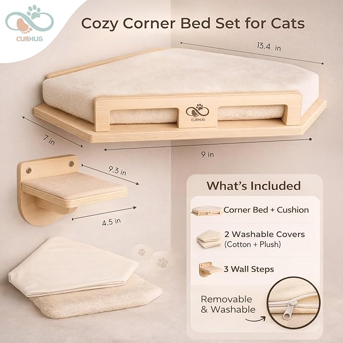 Cat Wall Shelves for Cats & Kitten – Solid Wood Cozy Corner Bed + Cushion with 2 Washable Covers +3 Wooden Steps, Safe Haven for Indoor Cats, Cat Shelves for Wall, Wood Color